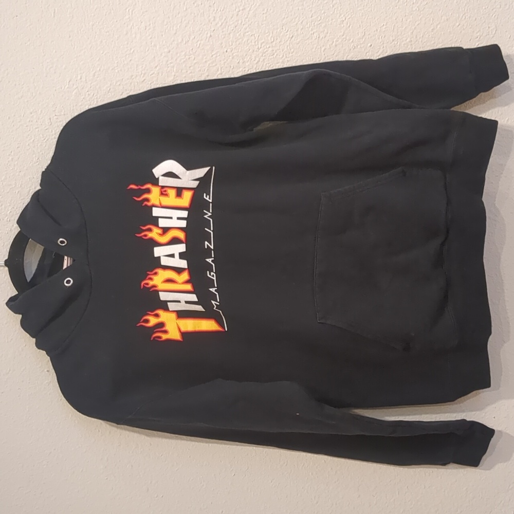 Vintage Y2K Thrasher Magazine Flame Logo Black Hoodie Hoodie Size Small